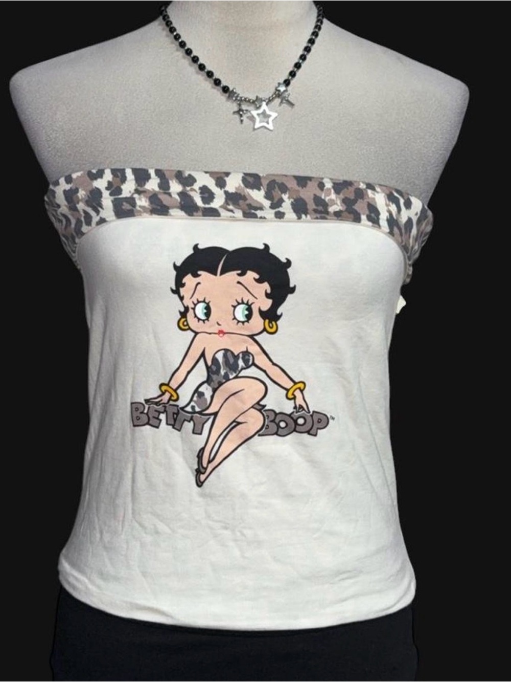 Betty Boop White Strapless Tube Top with Leopard Trim Graphic